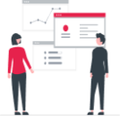 Illustrations personnes discutent devant des graphiques